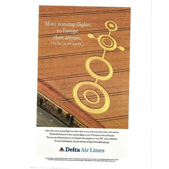 Delta AirLines Flights Europe Crop Circles 1990s  Vintage Print Ad - Picture 1 of 2